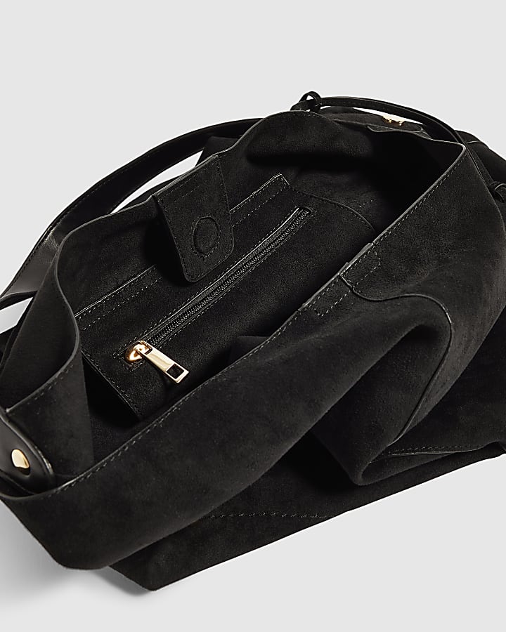 Black Faux Suede Charm Slouch Bag