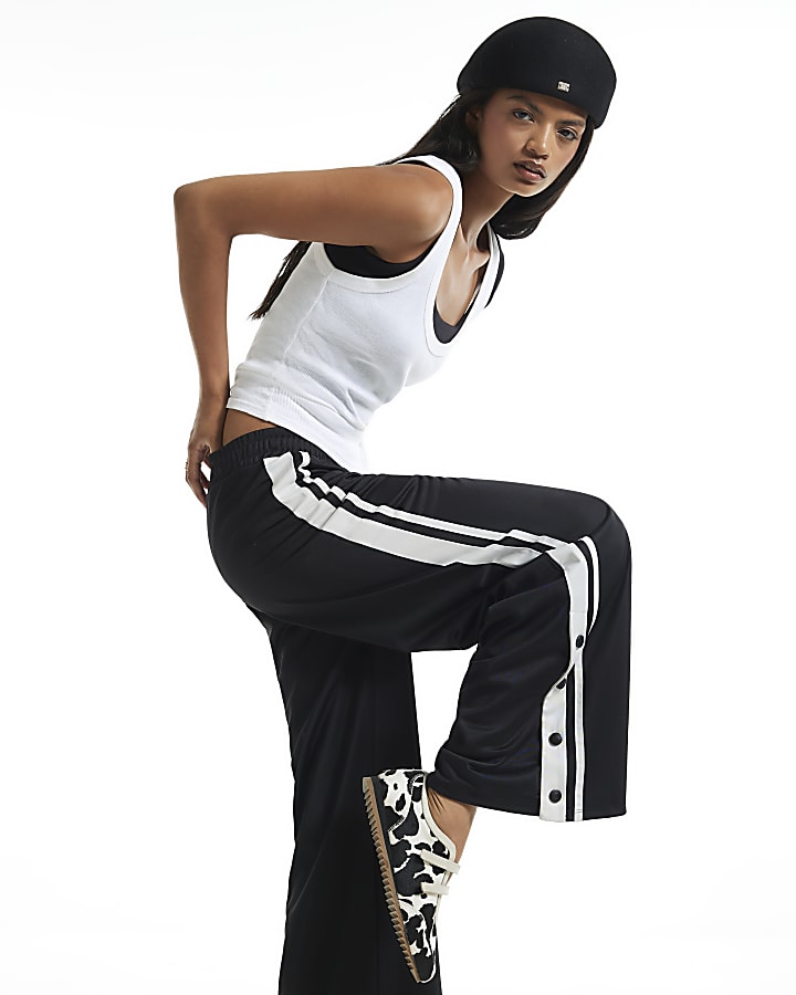 Black Wide Leg Stripe Popper Trousers