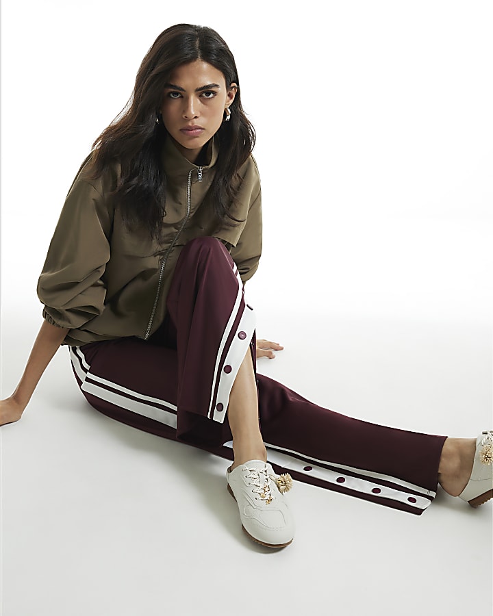 Burgundy Wide Leg Stripe Trousers