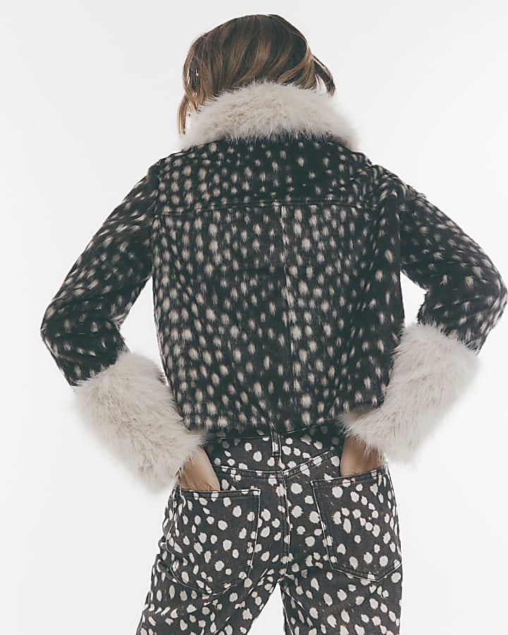 Brown Deer Print Faux Fur Collared Jacket