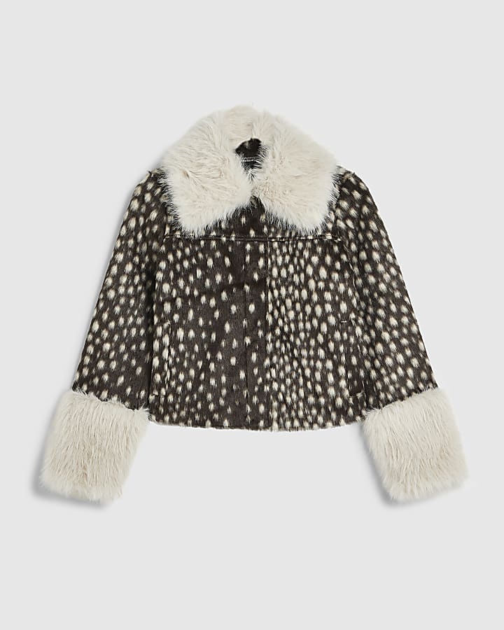 Brown Deer Print Faux Fur Collared Jacket