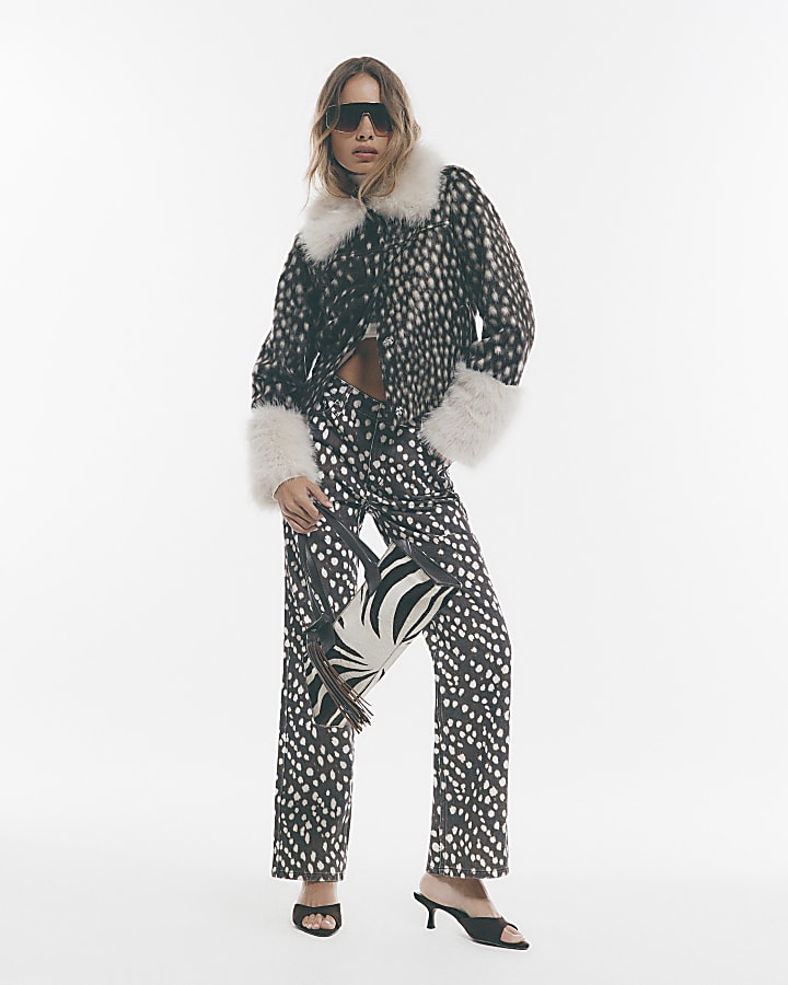 Brown Deer Print Faux Fur Collared Jacket