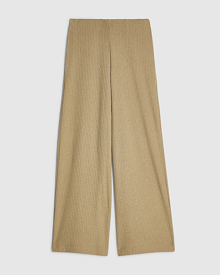 Beige Rib Wide Leg Trousers