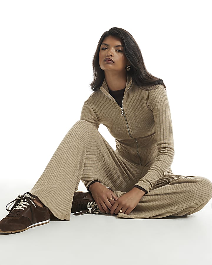 Beige Rib Wide Leg Trousers
