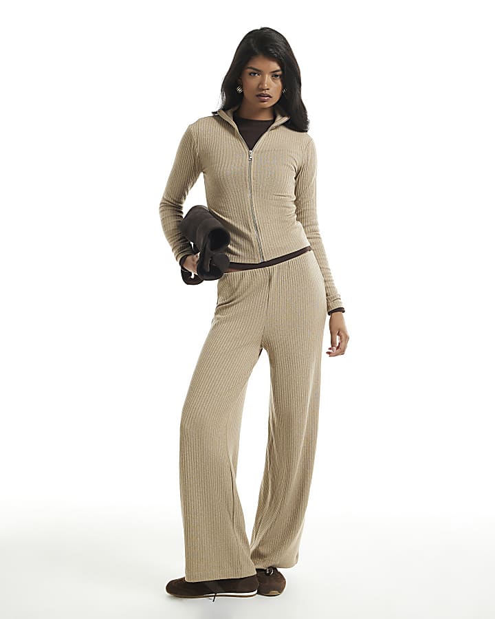 Beige Rib Wide Leg Trousers
