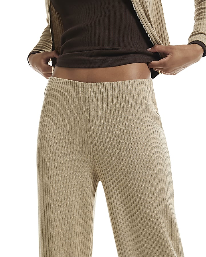 Beige Rib Wide Leg Trousers