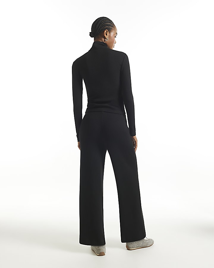 Black Rib Wide Leg Trousers