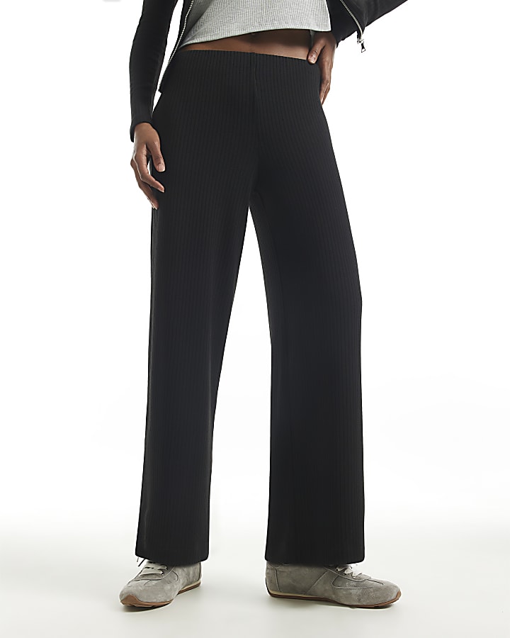 Black Rib Wide Leg Trousers