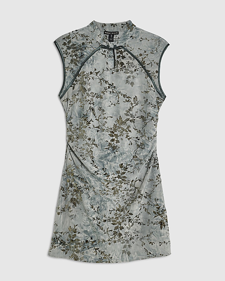 Blue Floral Devore Mini Dress