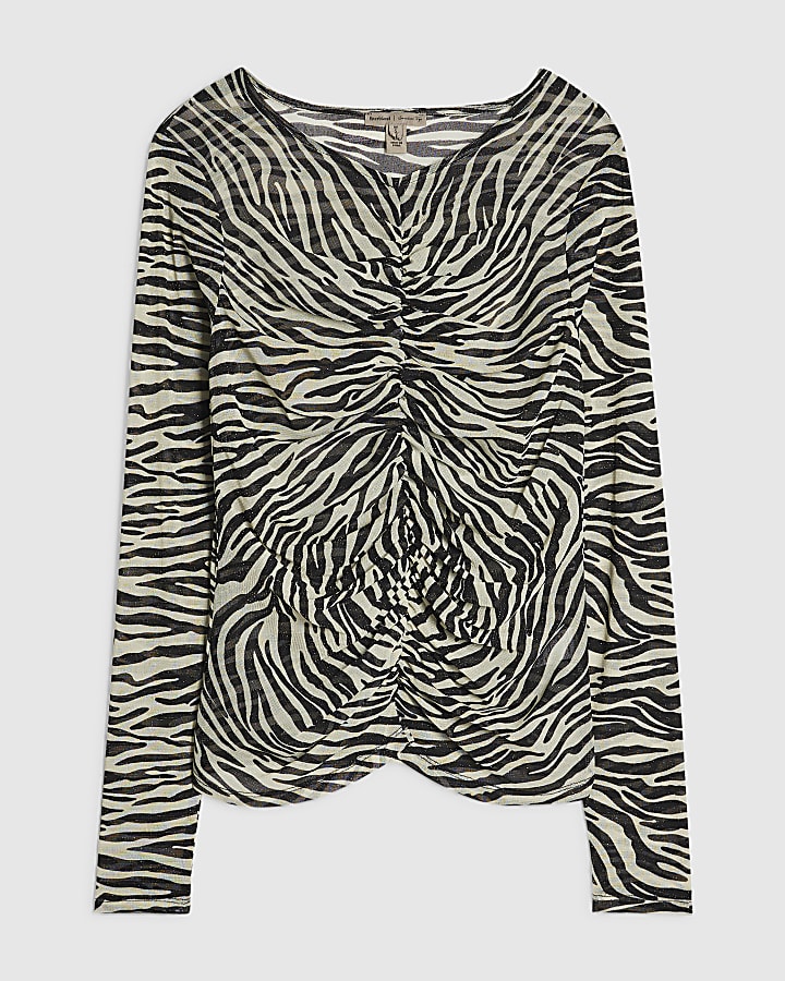 Cream Zebra Glitter Ruched Front Top