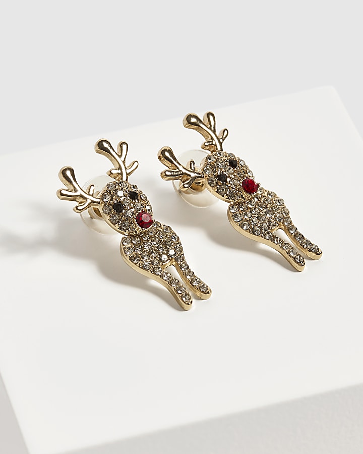 Gold Christmas Reindeer Earrings