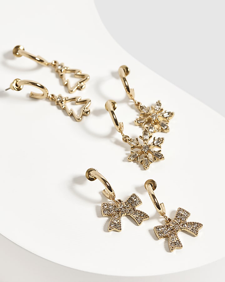 Gold Christmas 3 Pack Drop Earrings