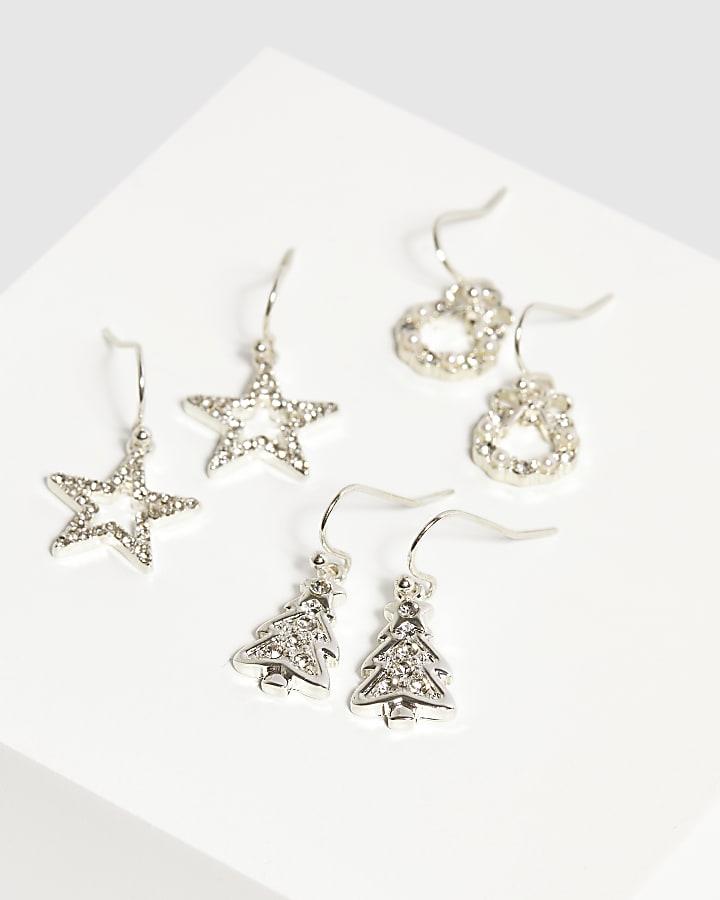 Silver Tree Drop Pack of 3 Earrings