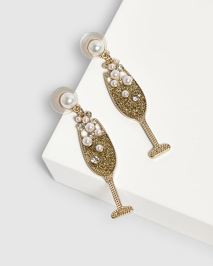 Gold Christmas Champagne Glass Earrings