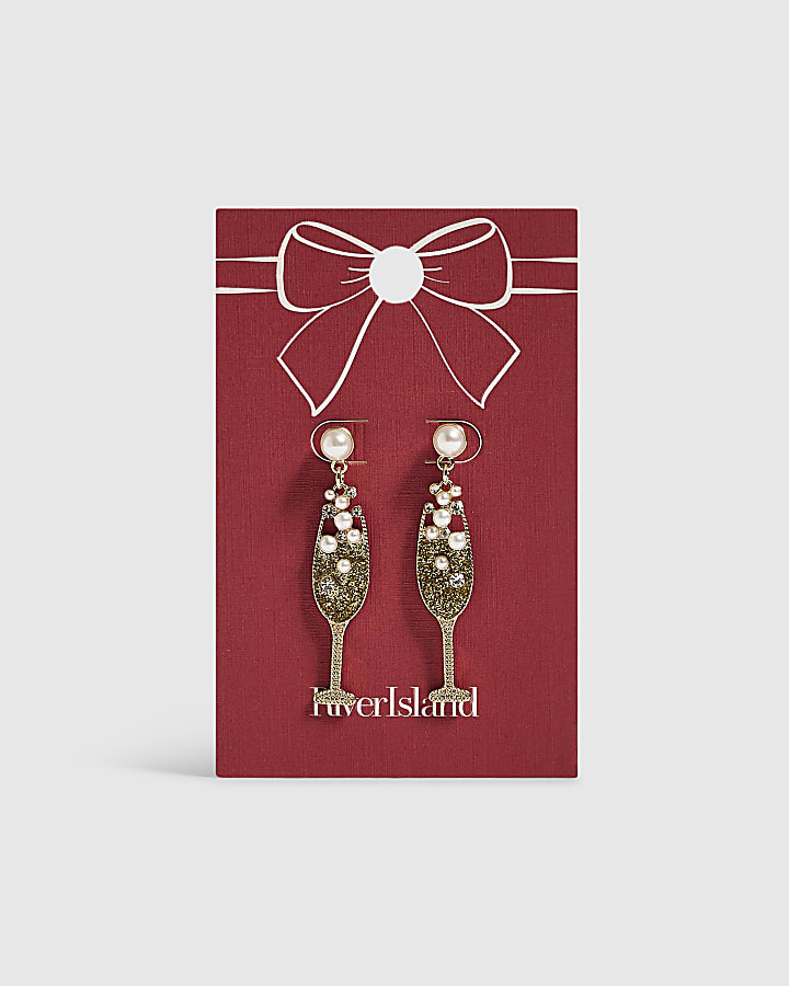 Gold Christmas Champagne Glass Earrings