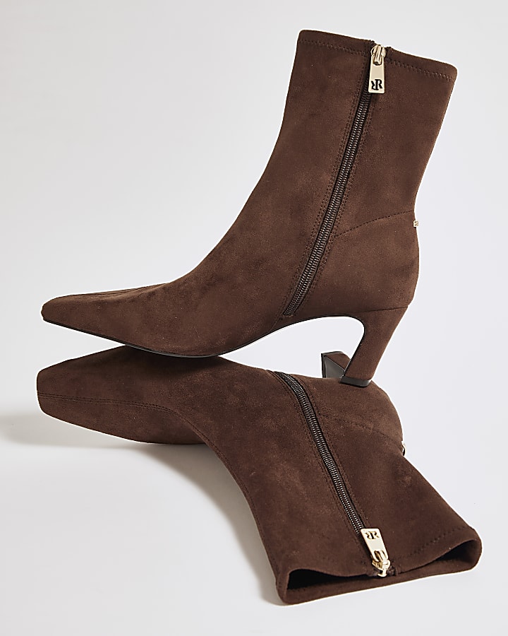 Brown Faux Suede Heeled Ankle Boots