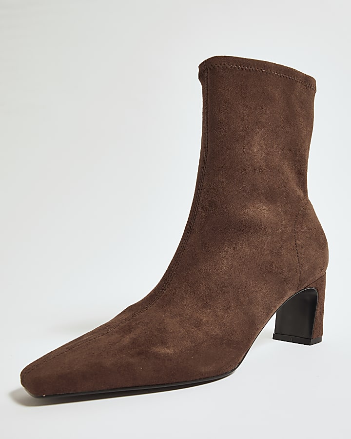 Brown Faux Suede Heeled Ankle Boots