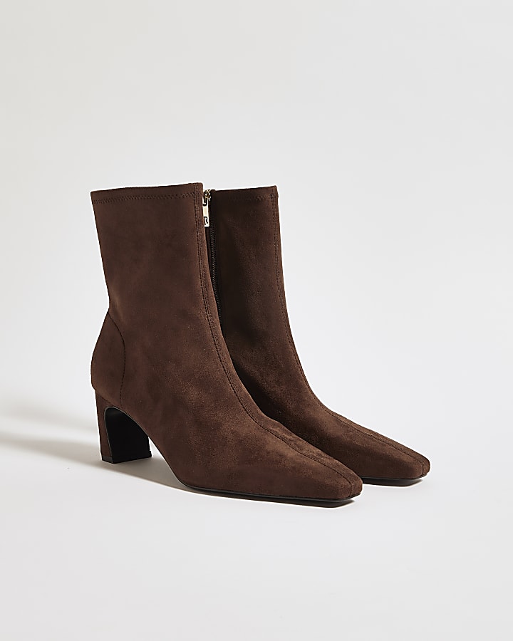 Brown Faux Suede Heeled Ankle Boots