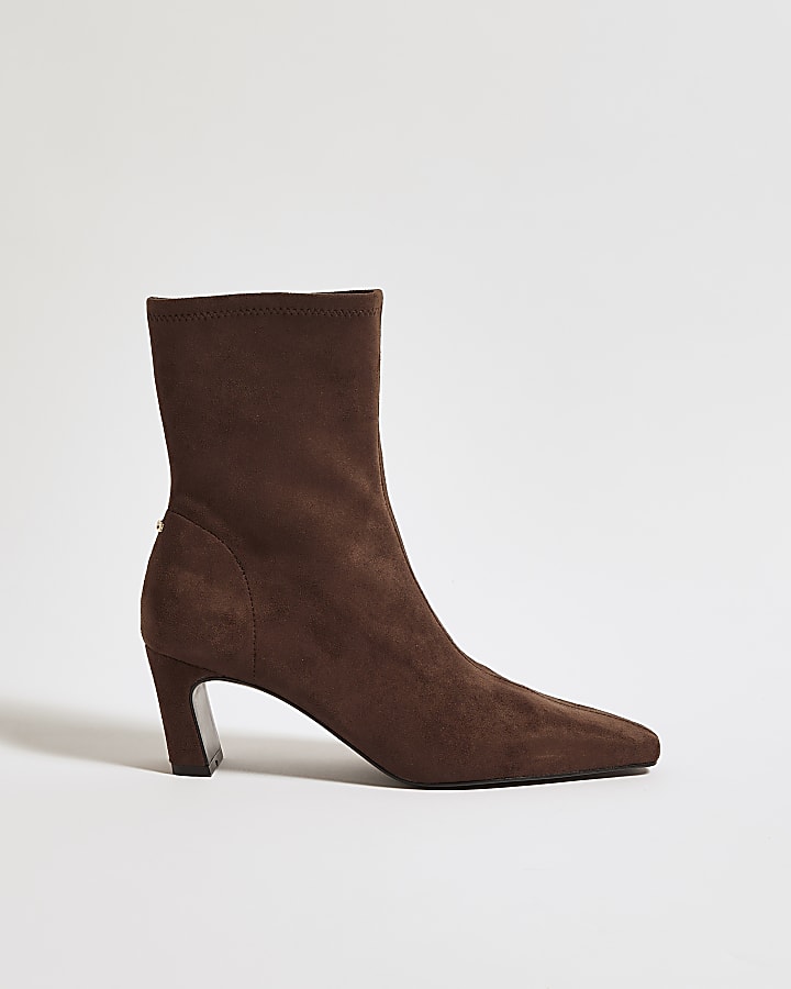 Brown Faux Suede Heeled Ankle Boots