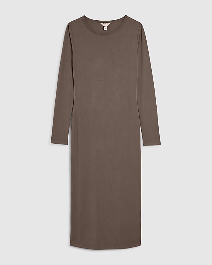 Brown Crew Neck Midi Dress