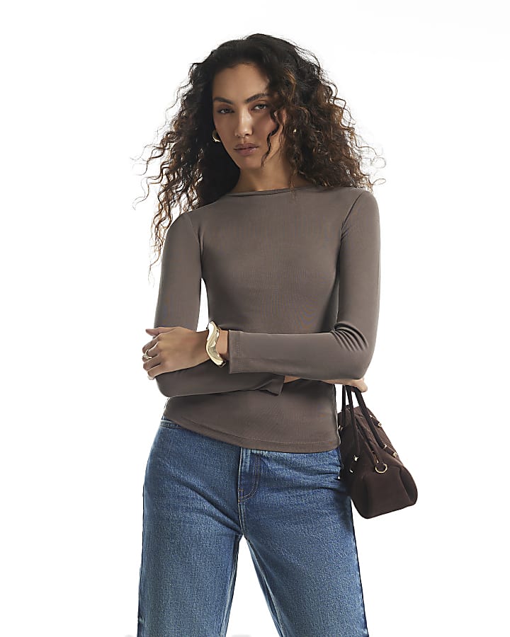Brown Soft Touch Ruched Side Top