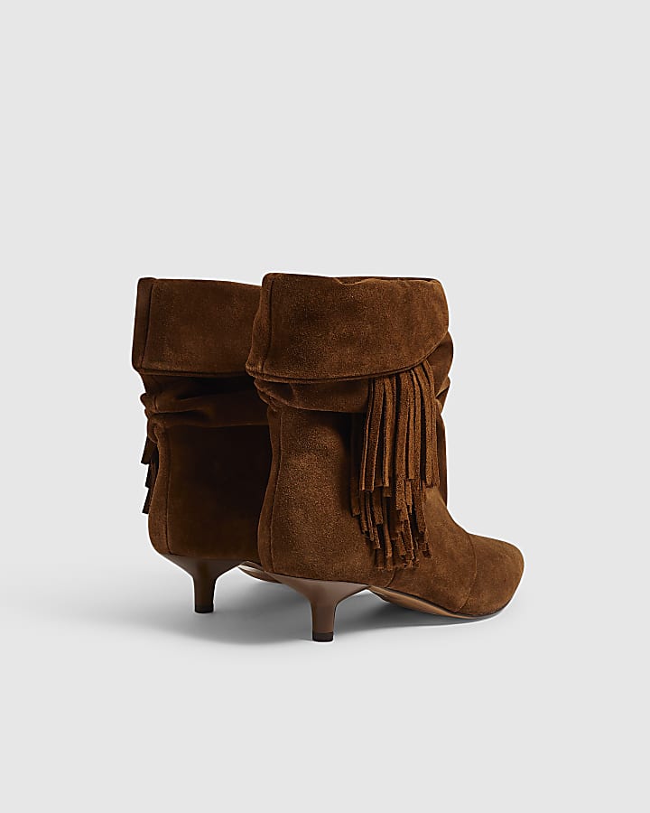 Brown Suede Fringe Kitten Heel Boots