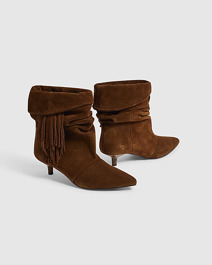 Brown Suede Fringe Kitten Heel Boots