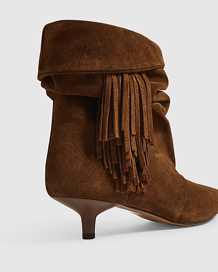 Brown Suede Fringe Kitten Heel Boots