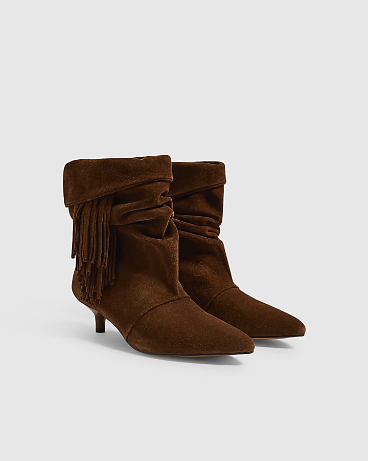 Brown Suede Fringe Kitten Heel Boots