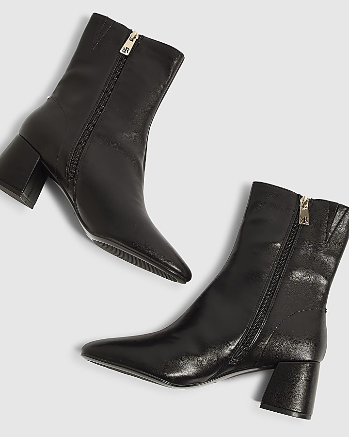 Black Round Toe Low Block Ankle Boots