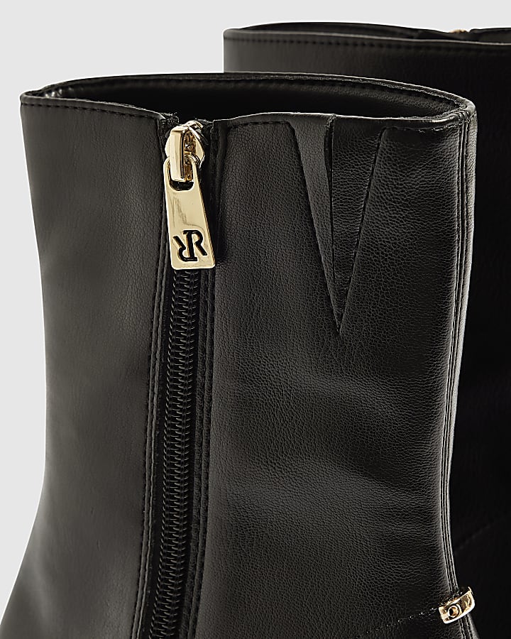Black Round Toe Low Block Ankle Boots