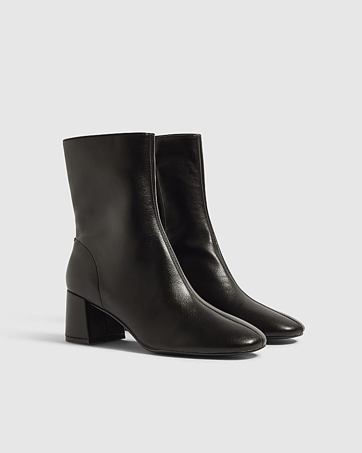 Black Round Toe Low Block Ankle Boots
