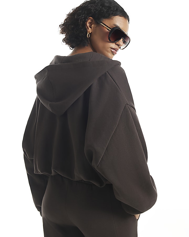 Brown Long Sleeve Bubble Hem Hoodie