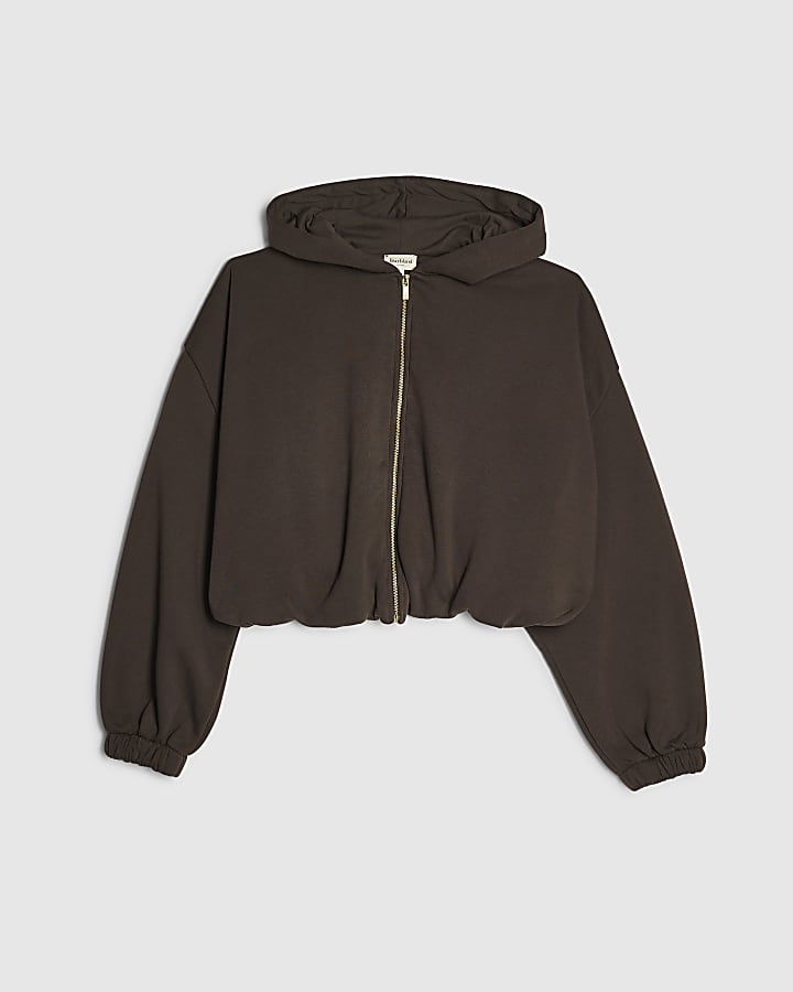 Brown Long Sleeve Bubble Hem Hoodie