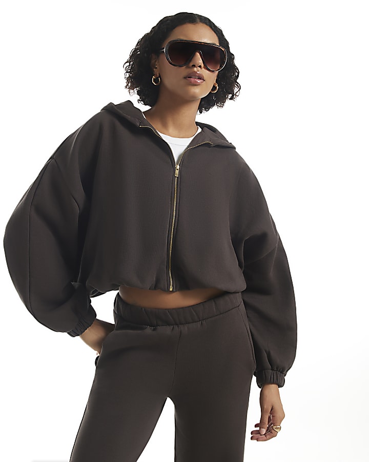 Brown Long Sleeve Bubble Hem Hoodie