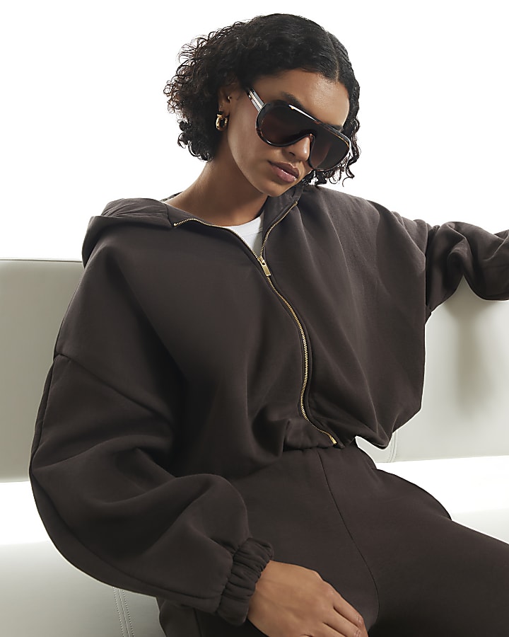 Brown Long Sleeve Bubble Hem Hoodie
