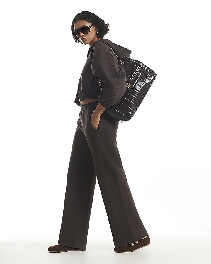 Brown Wide Leg Seamed Joggers