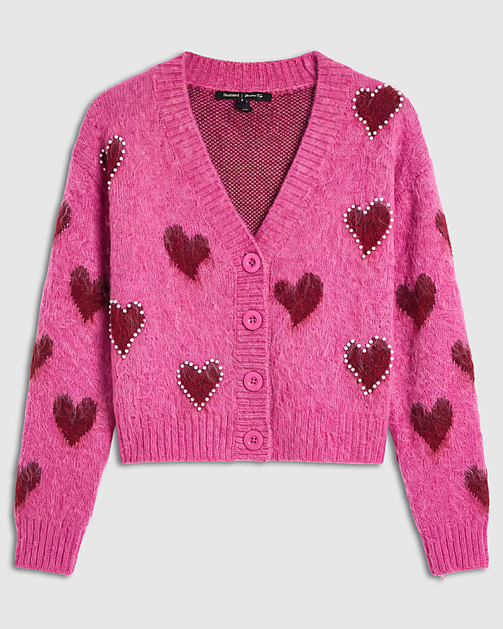 Pink Heart Embellished Cardigan