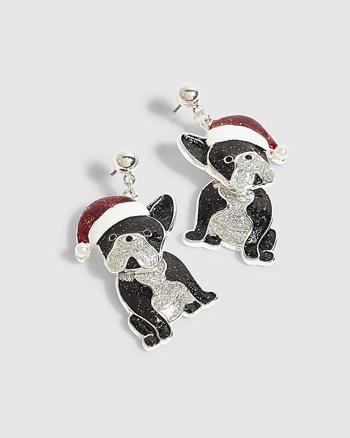 Silver French Bulldog Christmas Earrings