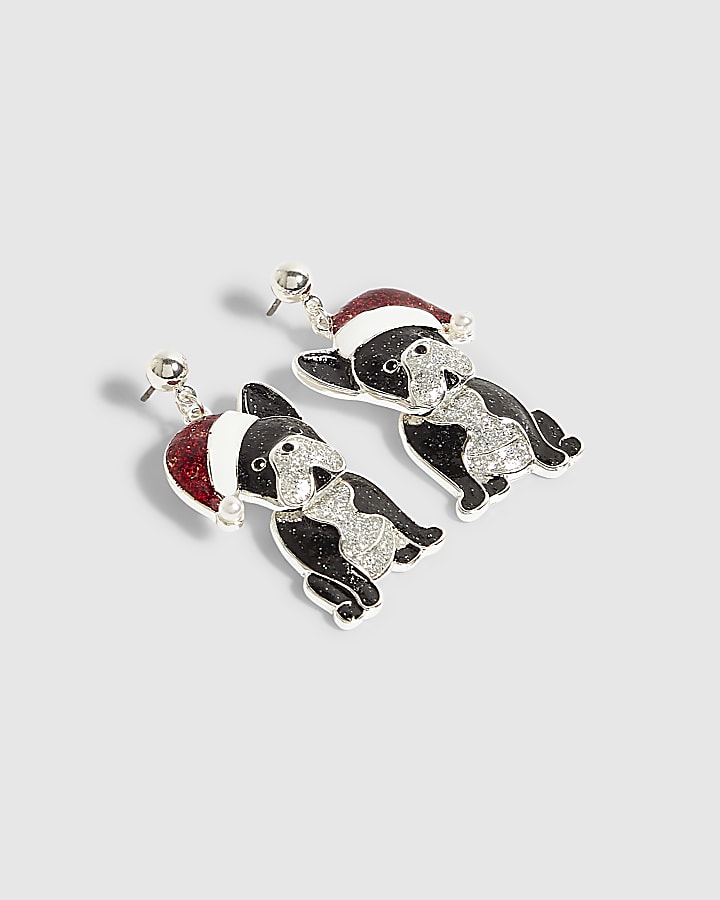 Silver French Bulldog Christmas Earrings