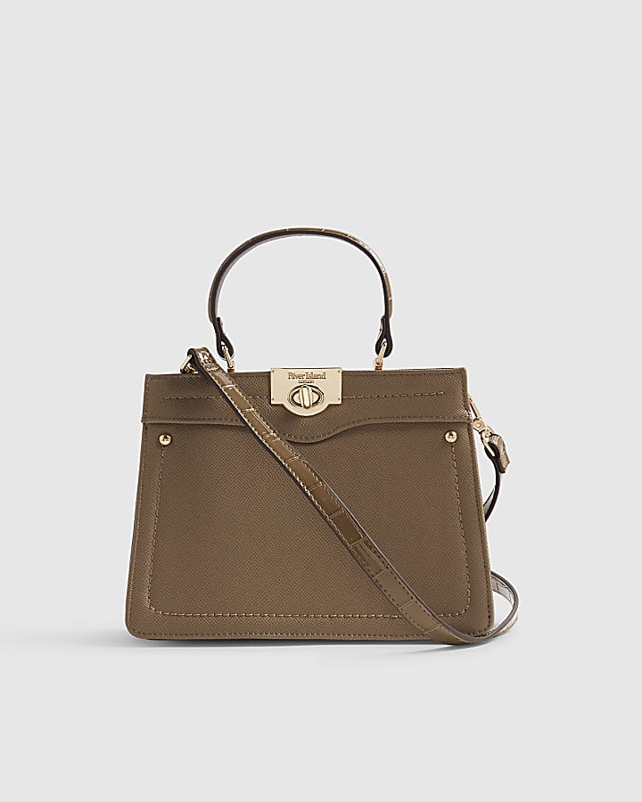 Beige Lock Handle Mini Tote Crossbody Bag