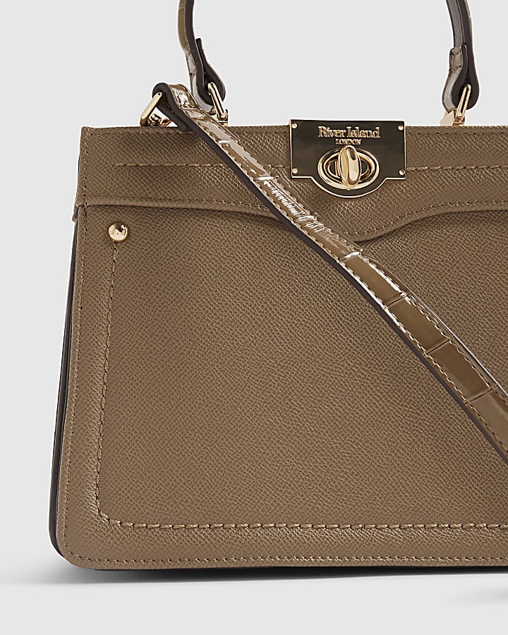 Beige Lock Handle Mini Tote Crossbody Bag