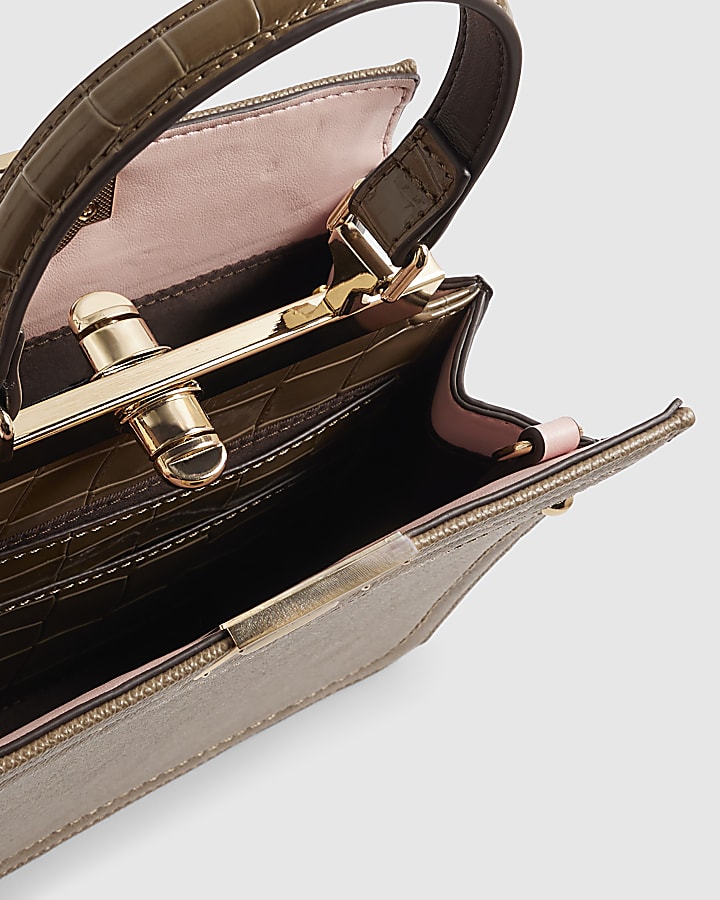 Beige Lock Handle Mini Tote Crossbody Bag