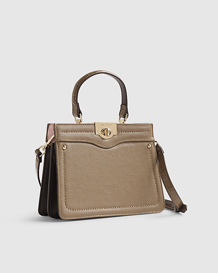Beige Lock Handle Mini Tote Crossbody Bag