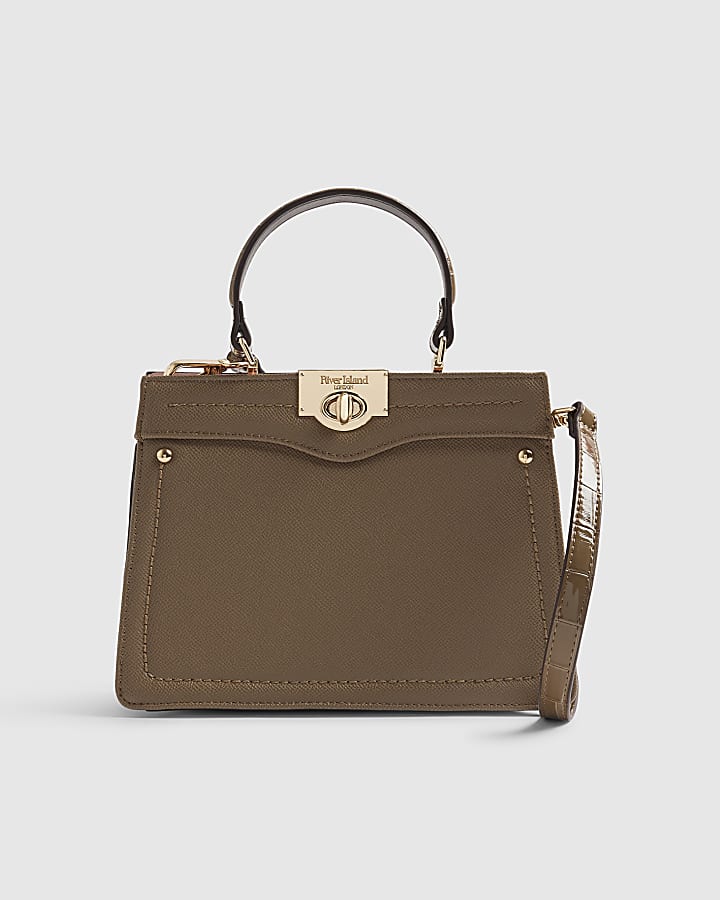 Beige Lock Handle Mini Tote Crossbody Bag