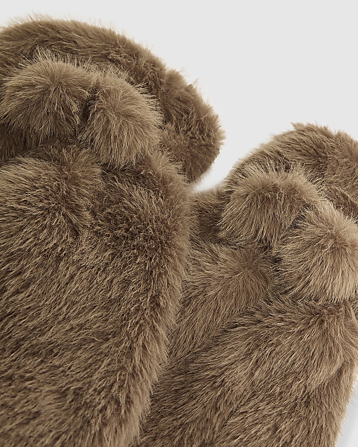 Beige Faux Fur Mittens