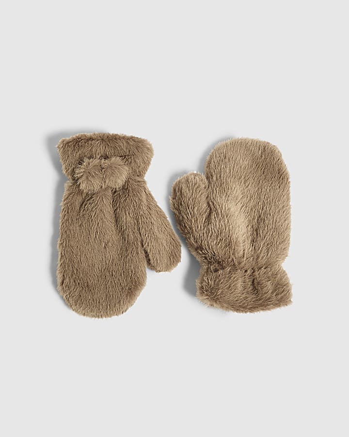 Beige Faux Fur Mittens