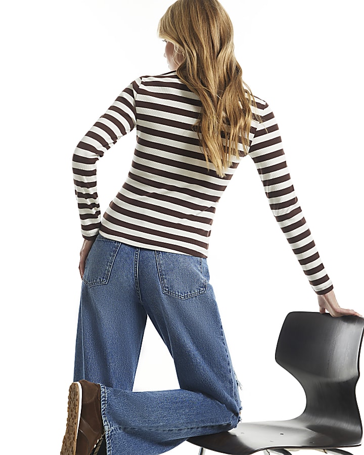 Brown Stipe Ribbed Popper Polo Top
