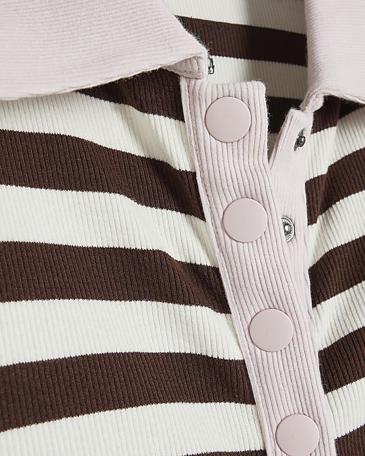 Brown Stipe Ribbed Popper Polo Top