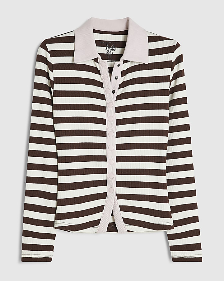 Brown Stipe Ribbed Popper Polo Top